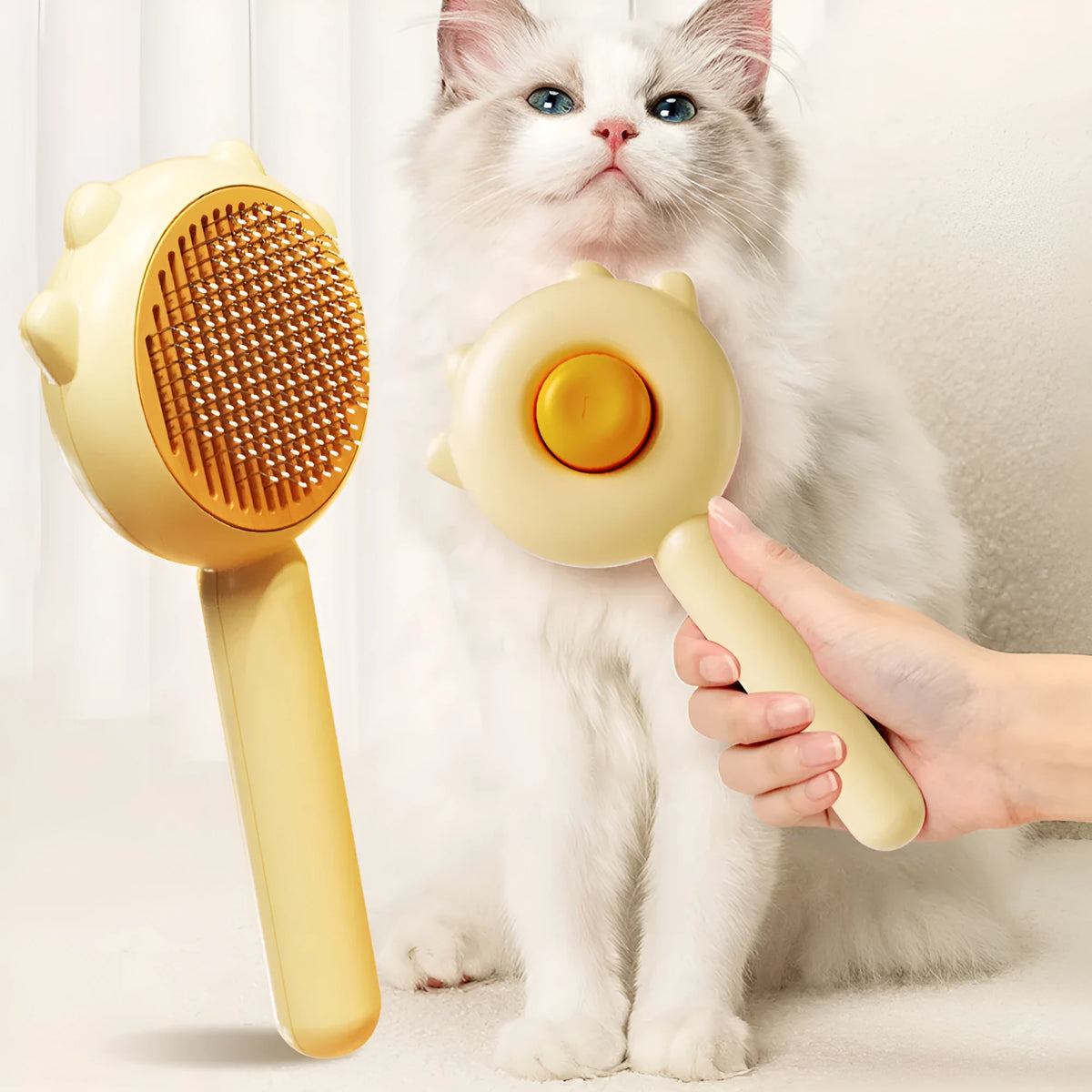Cat comb with stainless steel teeth and ABS handle in green colour for hair removal and massage