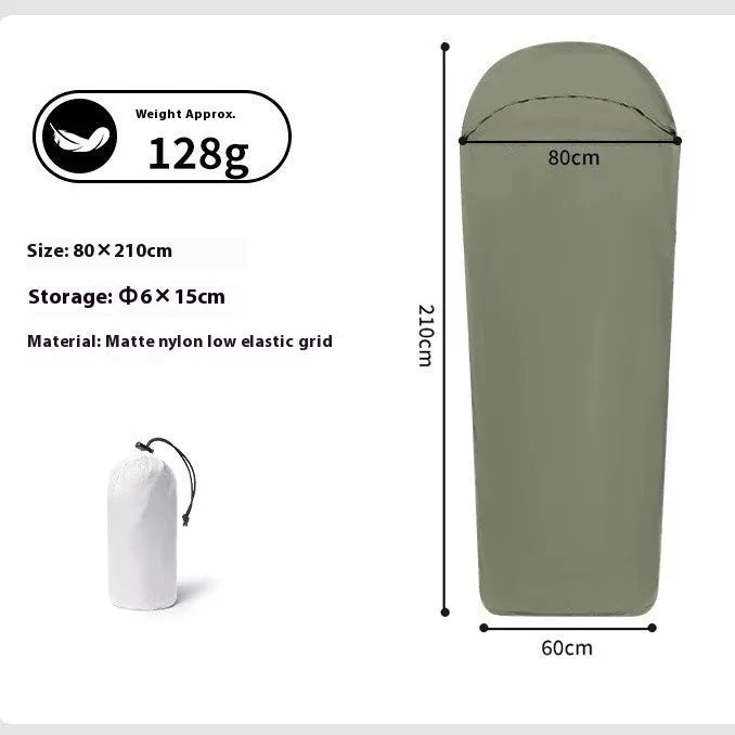 Blue nylon mummy camping sleeping bag showing tapered design and matt nylon fabric texture