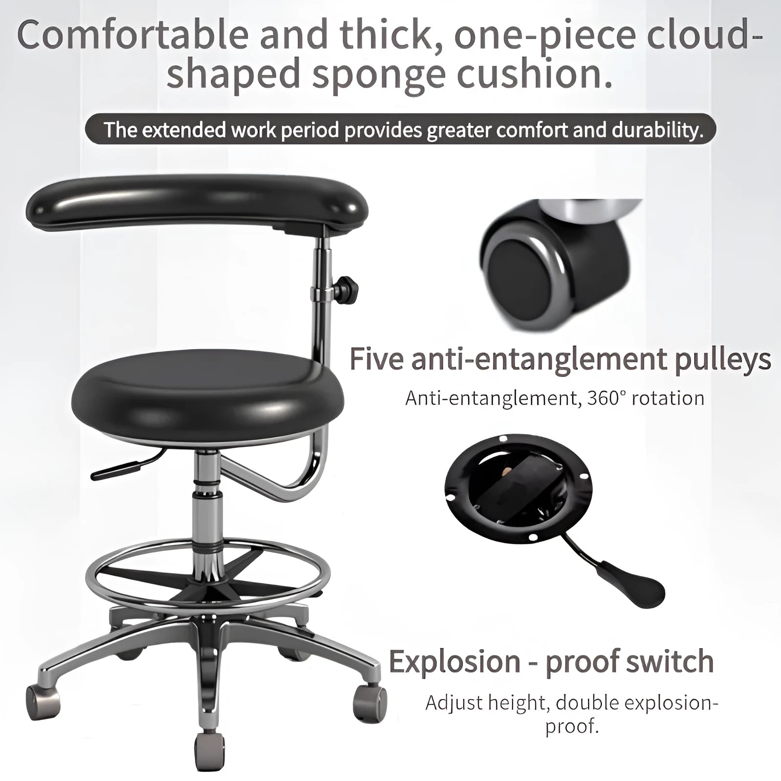 Black leather dental hospital chair with height adjustment lift mechanism