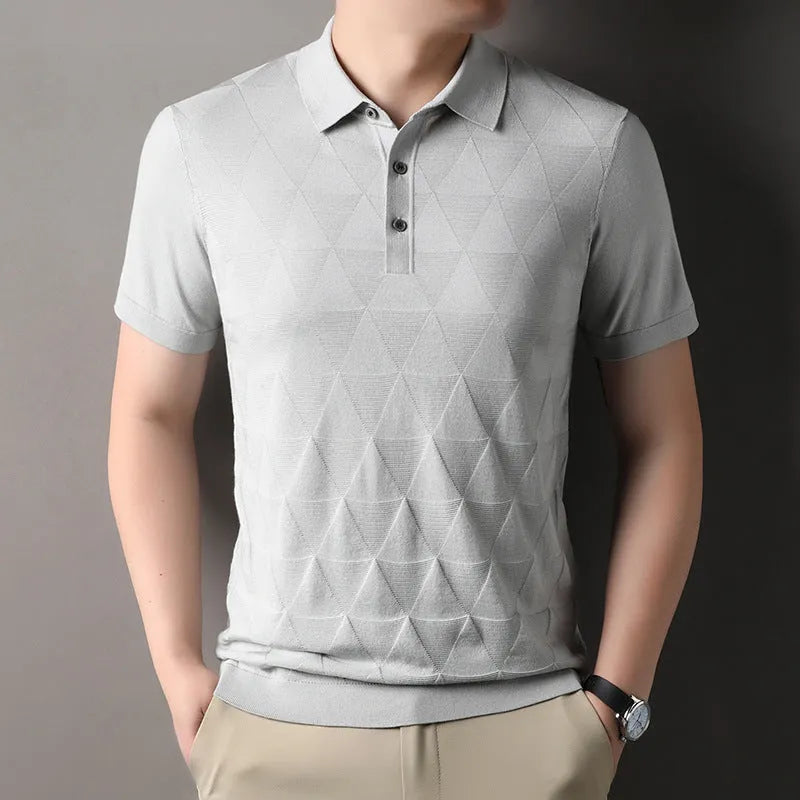 Men's short sleeve ice silk T-shirt in grey, showing regular fit and thin fabric.