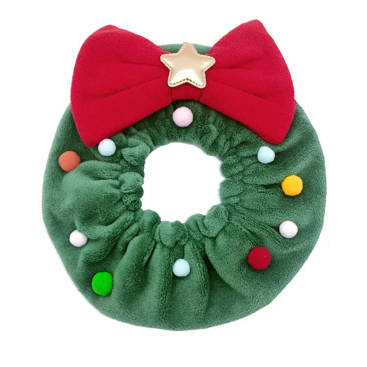 Red bow-knot Christmas pet collar scarf with colourful fuzzy balls on a cat or dog, four sizes available