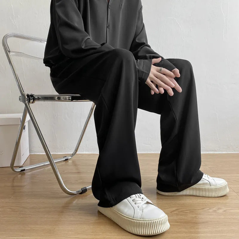 Men's loose straight casual trousers in solid white, black, or light grey polyester, sizes M to 2XL