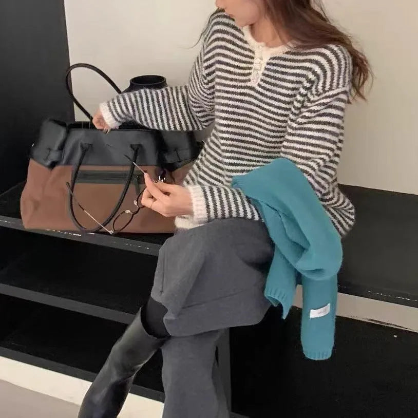 Red and blue striped retro cashmere pullover sweater for women, loose fit.