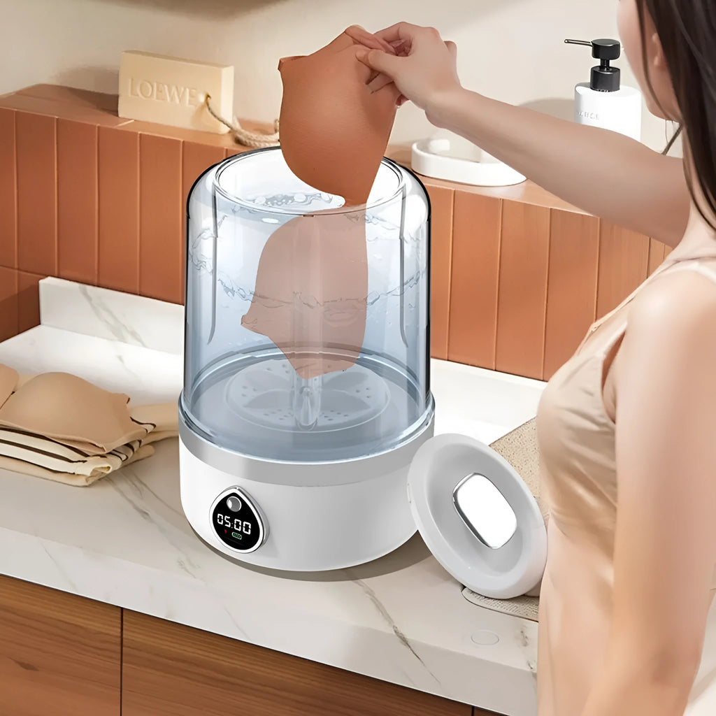 White portable USB-powered mini washing machine with plastic waterproof housing