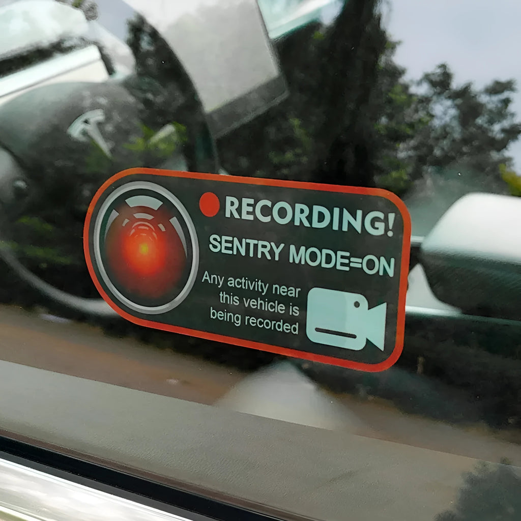 Tesla Sentry Mode warning stickers measuring 11x5 cm with electrostatic adhesive backing