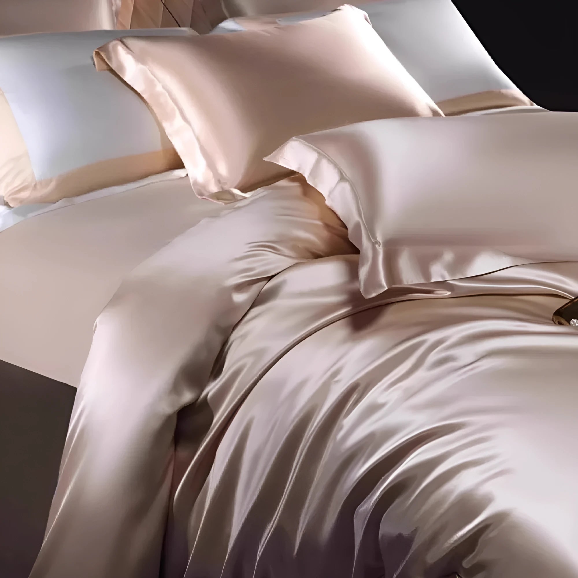 Solid colour silk quilt cover and pillowcases from a four-piece bedding set in a champagne gold hue on a bed.
