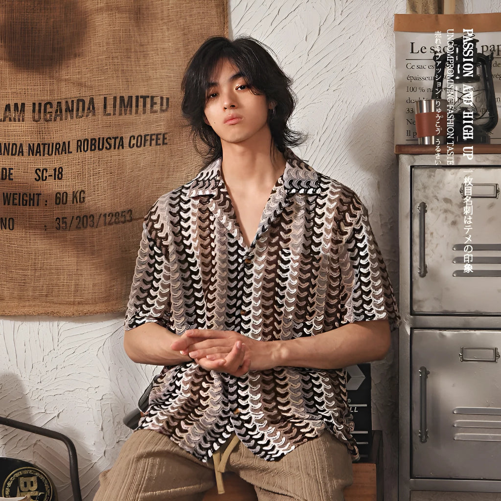 Grey and red Japanese style Cuban collar short sleeve shirt with jacquard pattern, shown in slim fit.