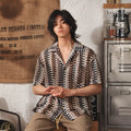 Grey and red Japanese style Cuban collar short sleeve shirt with jacquard pattern, shown in slim fit.