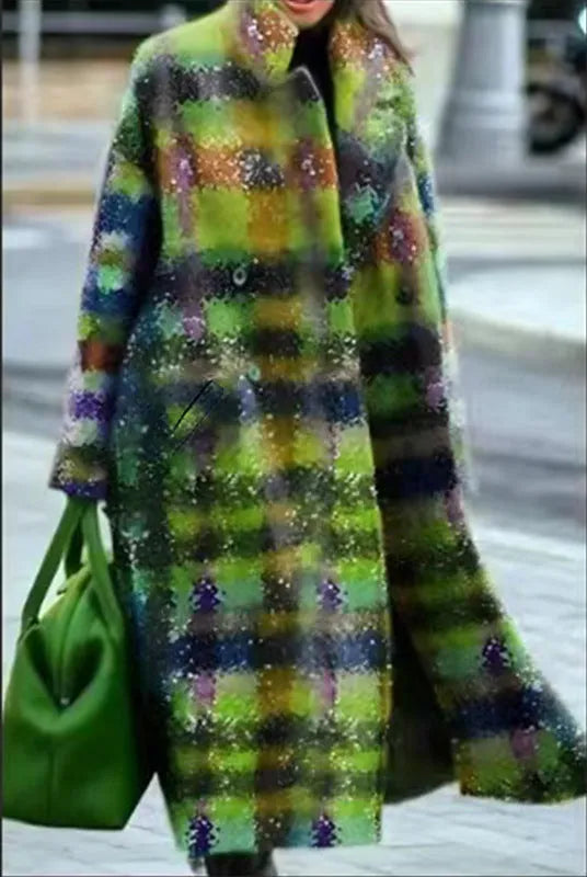 Yellow-green plaid long sleeve lapel coat with loose fit on a hanger