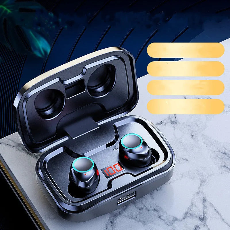Black wireless Bluetooth in-ear earphones with private mould design showing earpieces and charging case.
