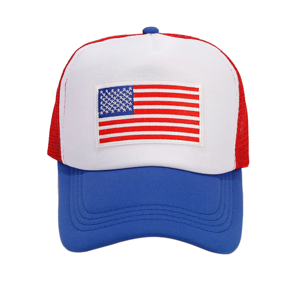 Red and blue contrast mesh baseball cap with adjustable strap and breathable space cotton fabric