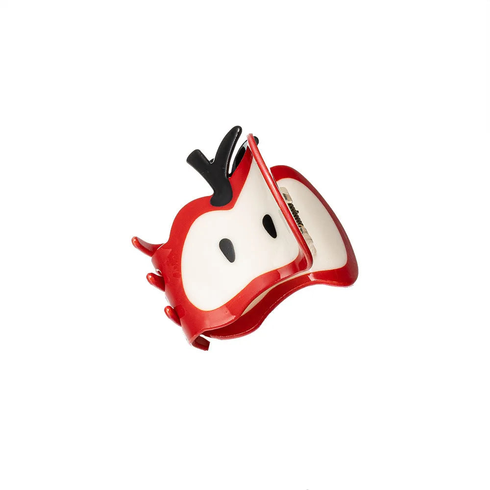 Large red spliced handmade hair clip with apple design and grip, 6.5cm length, for women