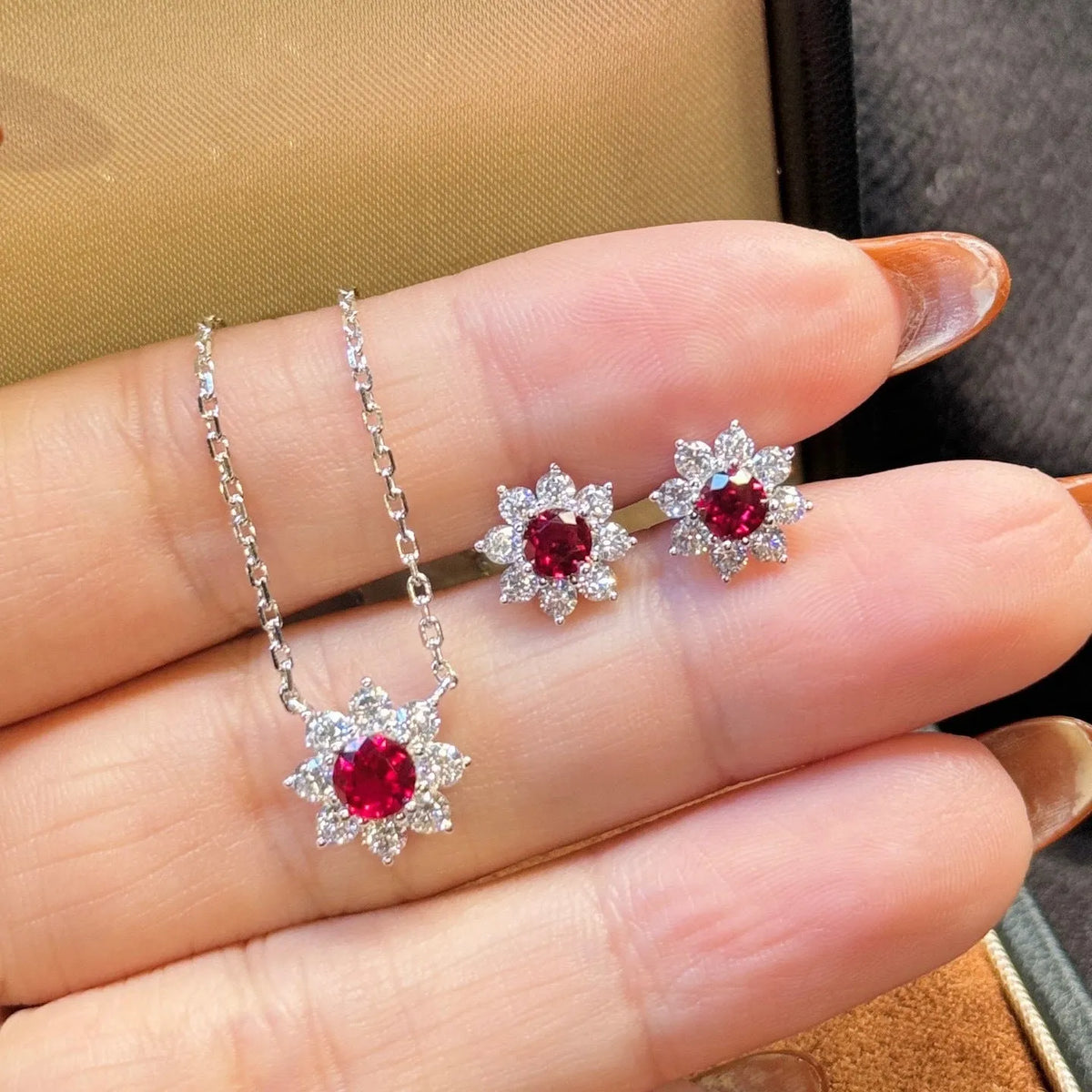 Red diamond inlaid flower-shaped 925 silver clavicle chain necklace and stud earrings set for women