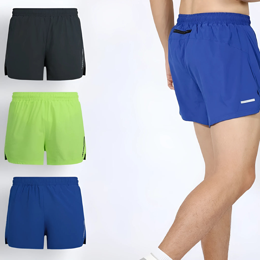 Men's straight-cut quick-dry running shorts in polyester, shown in black, grey, fluorescent green, and blue.