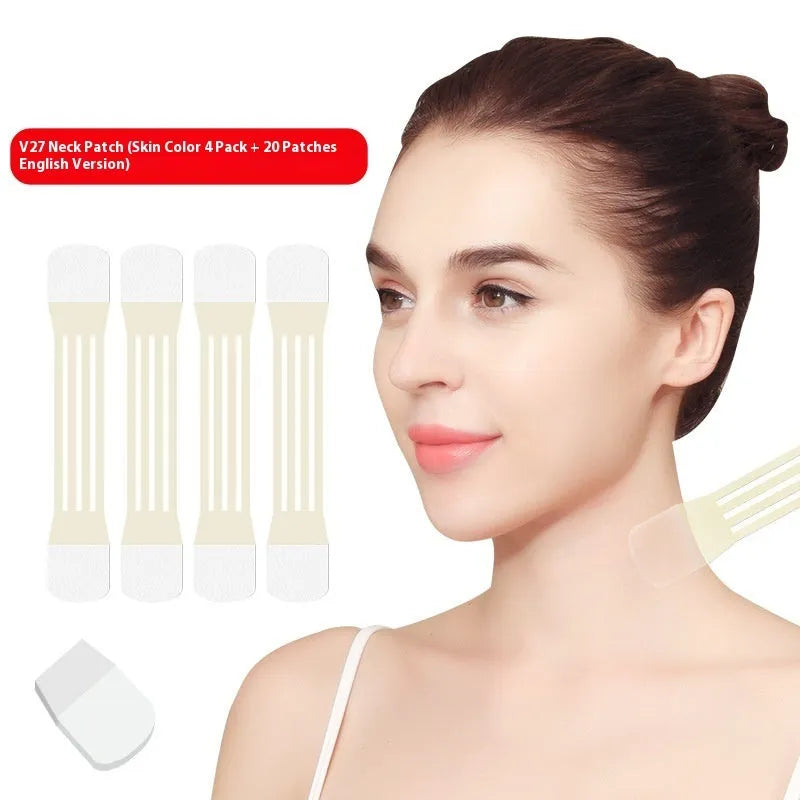 Skin tone neck firming adhesive patches and V27 pattern sling laid out on table