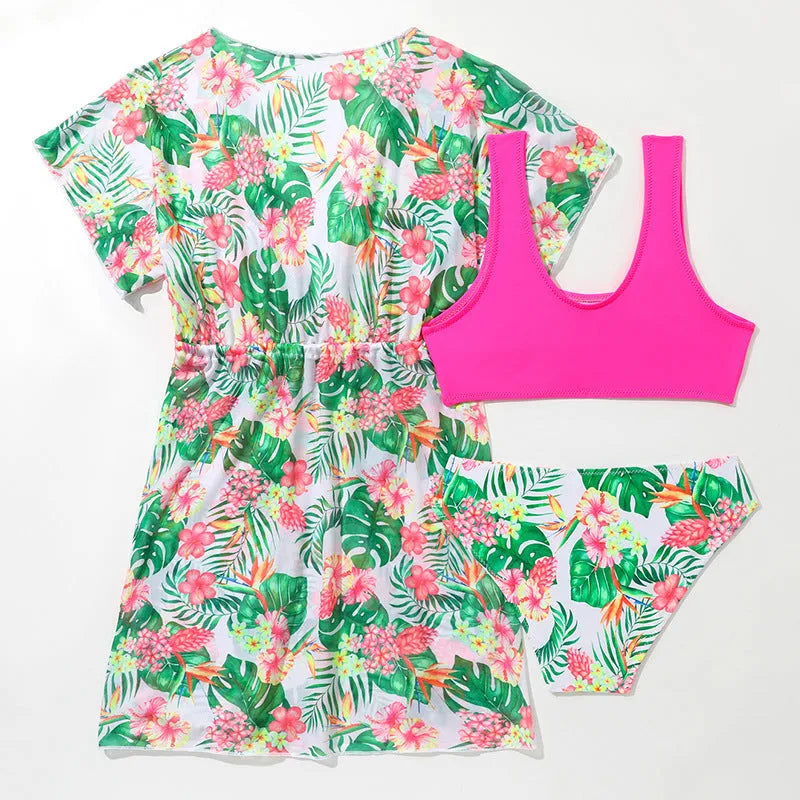 Girls' floral two-piece swimsuit with high elasticity polyester fabric for swimming sports