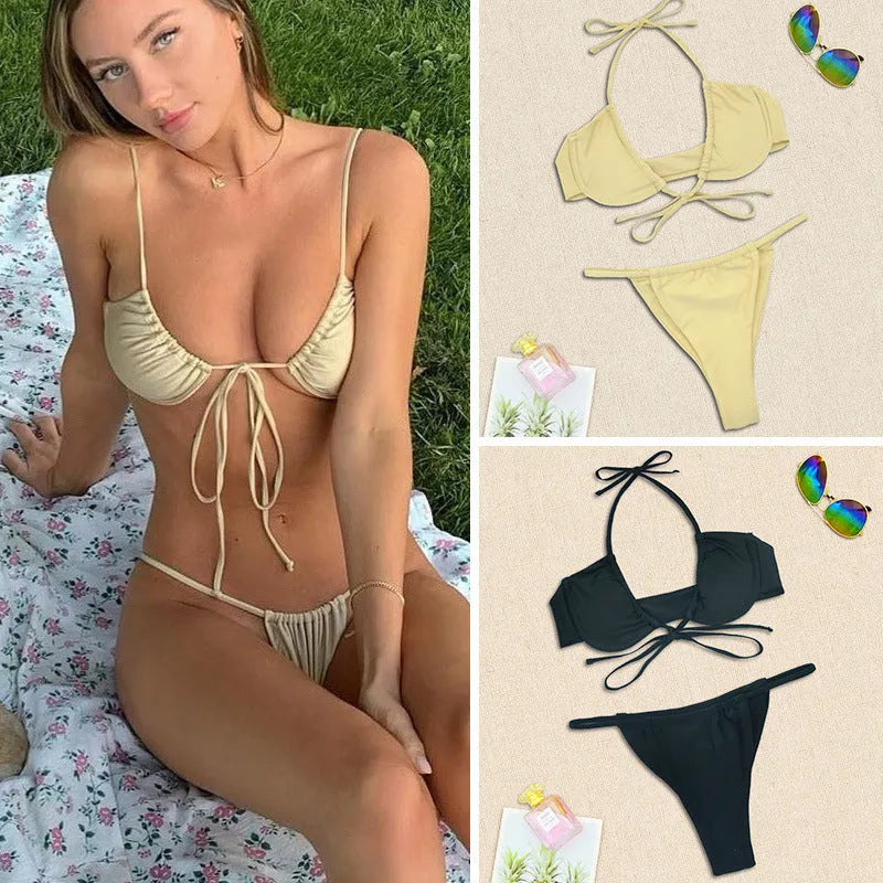 Women's black and mint green nylon bikini swimsuit with split design