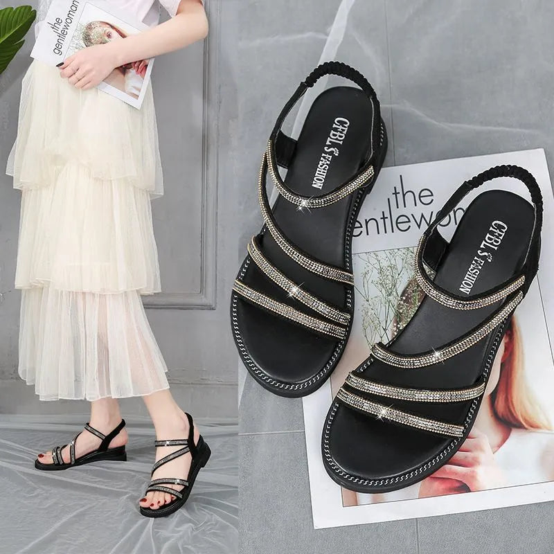Gold Korean-style women's flat sandals with rhinestone design and elastic band