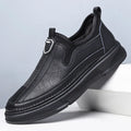 Men's black and brown leather casual shoes with round toe design showing front and side views