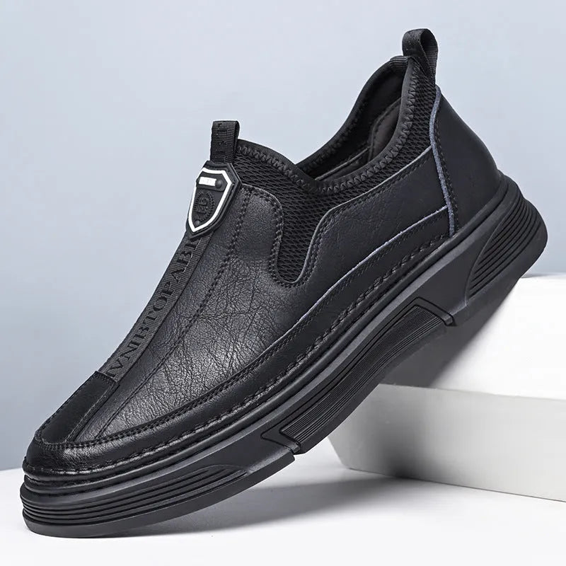 Men's black and brown leather casual shoes with round toe design showing front and side views