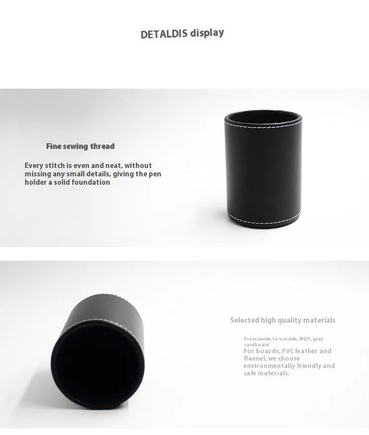 Black leather round pen holder container showing 8.0cm diameter and 10.8cm height dimensions