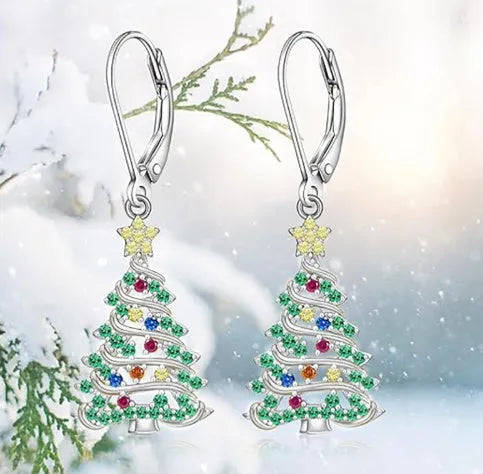 Christmas tree pendant earrings in white gold colour finish E4318 for women