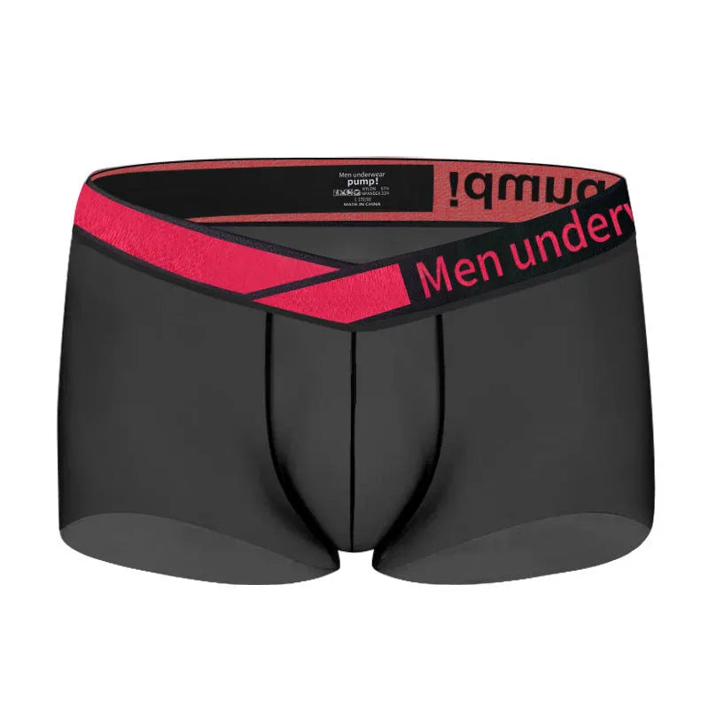 Men's black low waist underwear with a red and white gradient laser pattern, seamless design.