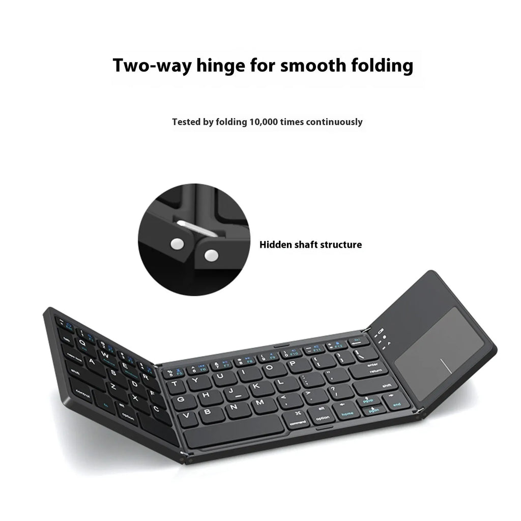 Black tri-fold Bluetooth keyboard shown folded and unfolded next to a smartphone