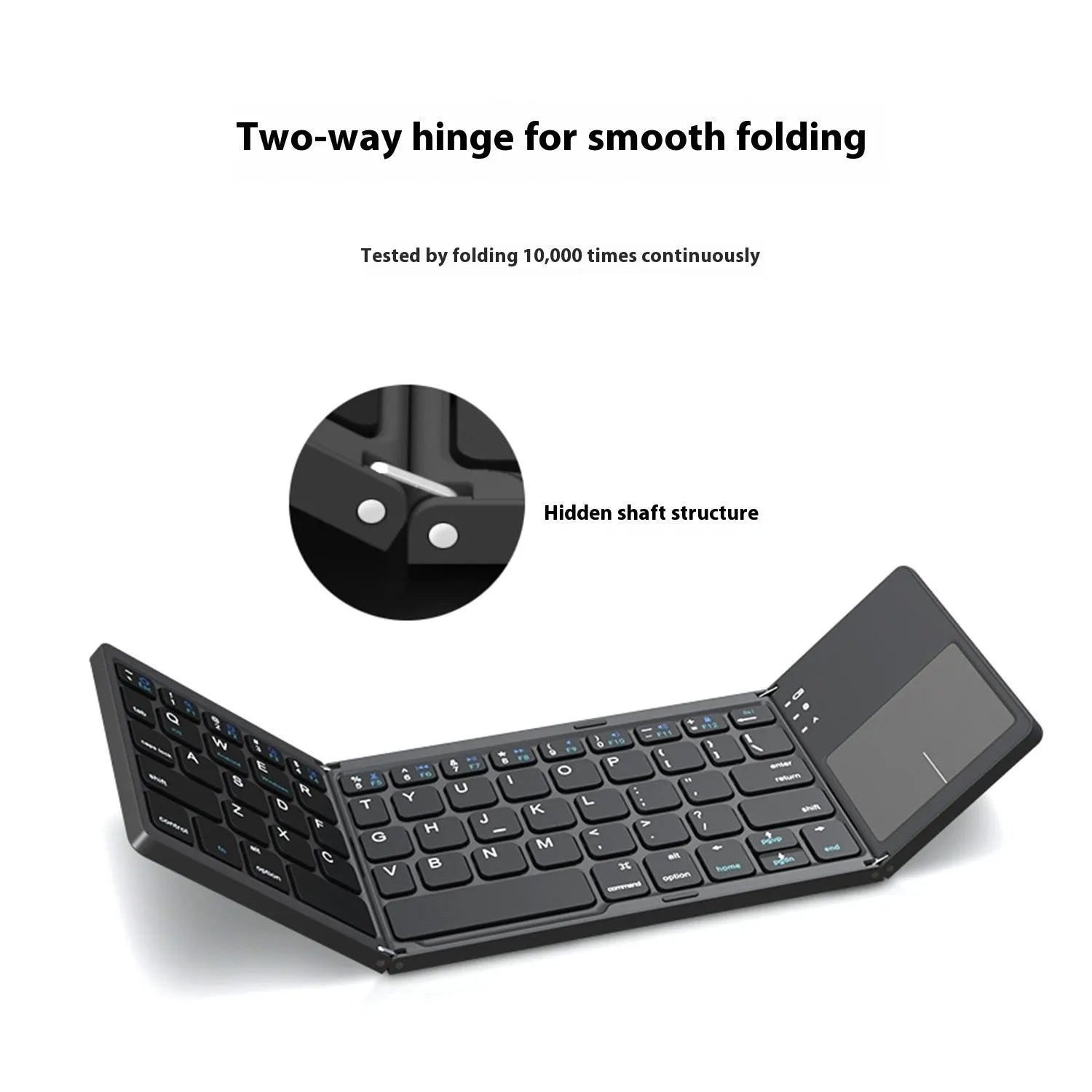 Black tri-fold Bluetooth keyboard shown folded and unfolded next to a smartphone