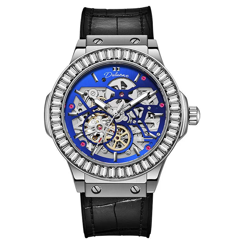Automatic mechanical men's watch with hollow movement, diamond studs, and a 16mm thick case on a leather strap.