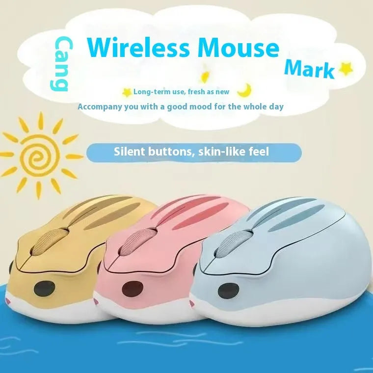 Hamster Wireless Bluetooth Silent Mouse in yellow, pink, and grey colours on a desk