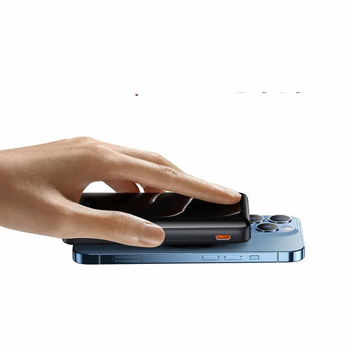 Slim blue magnetic power bank showing wireless charging surface and USB port