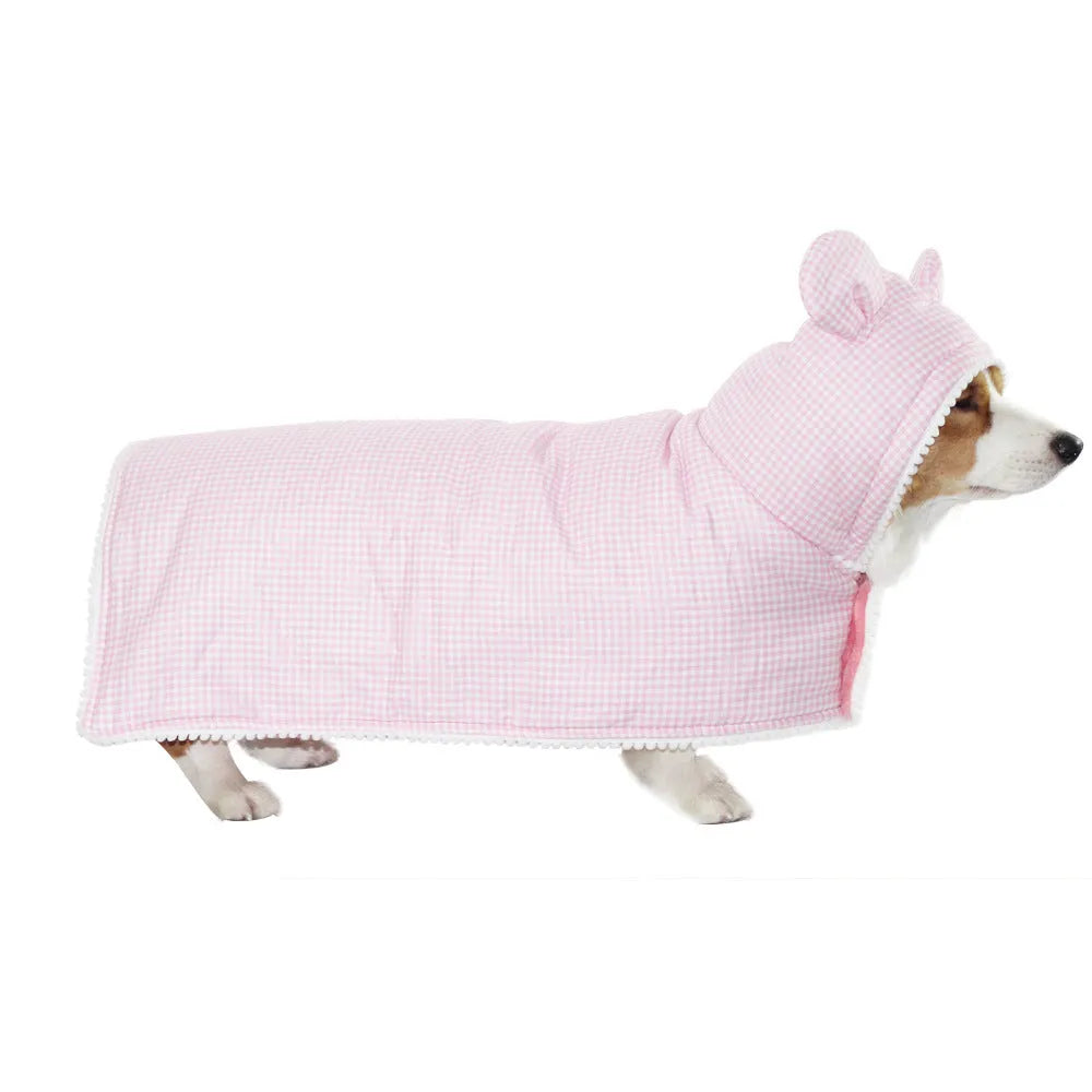 Cotton plaid dog and cat cloak pyjamas in pink or blue grid, sizes S to 2XL