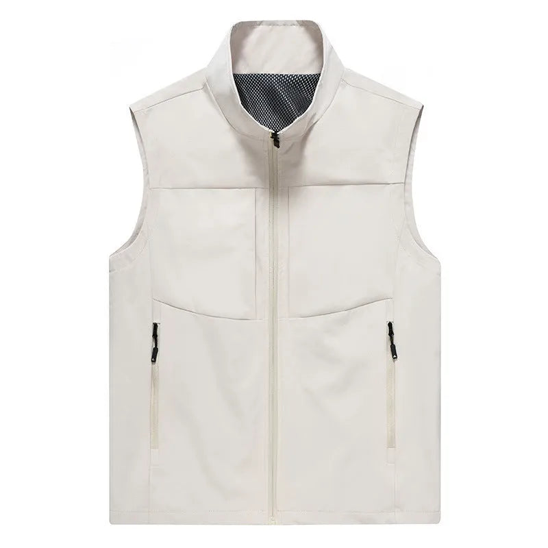 Men's casual stand collar cardigan vest in army green, shown with zipper pockets and a loose fit.