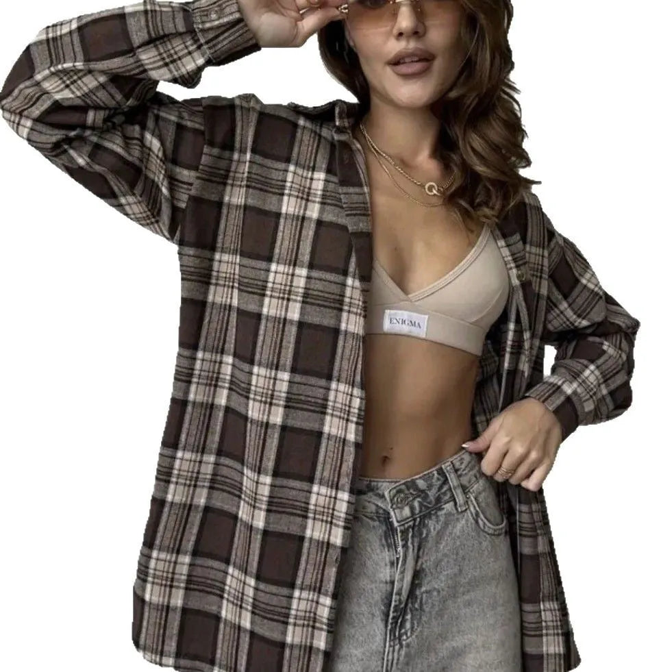 Women's dark brown striped cotton shirt with retro styling and regular sleeves