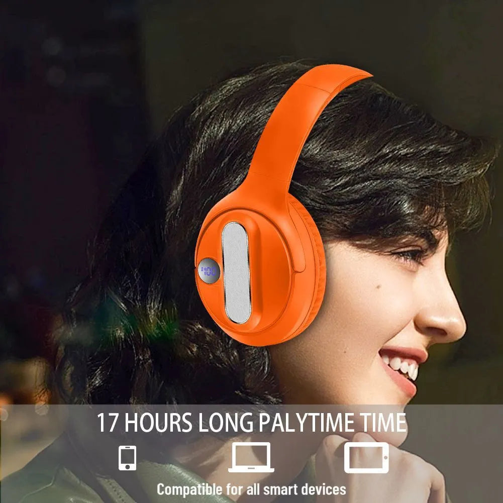 Foldable wireless Bluetooth earphones in retro style, available in orange black and white