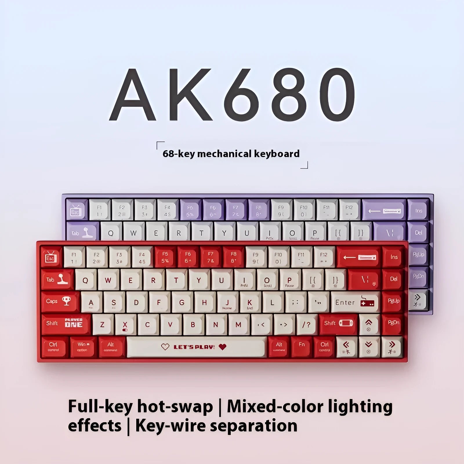 AJAZZ AK680 red and white wired mechanical gaming keyboard with hot-swappable switches on a desktop.