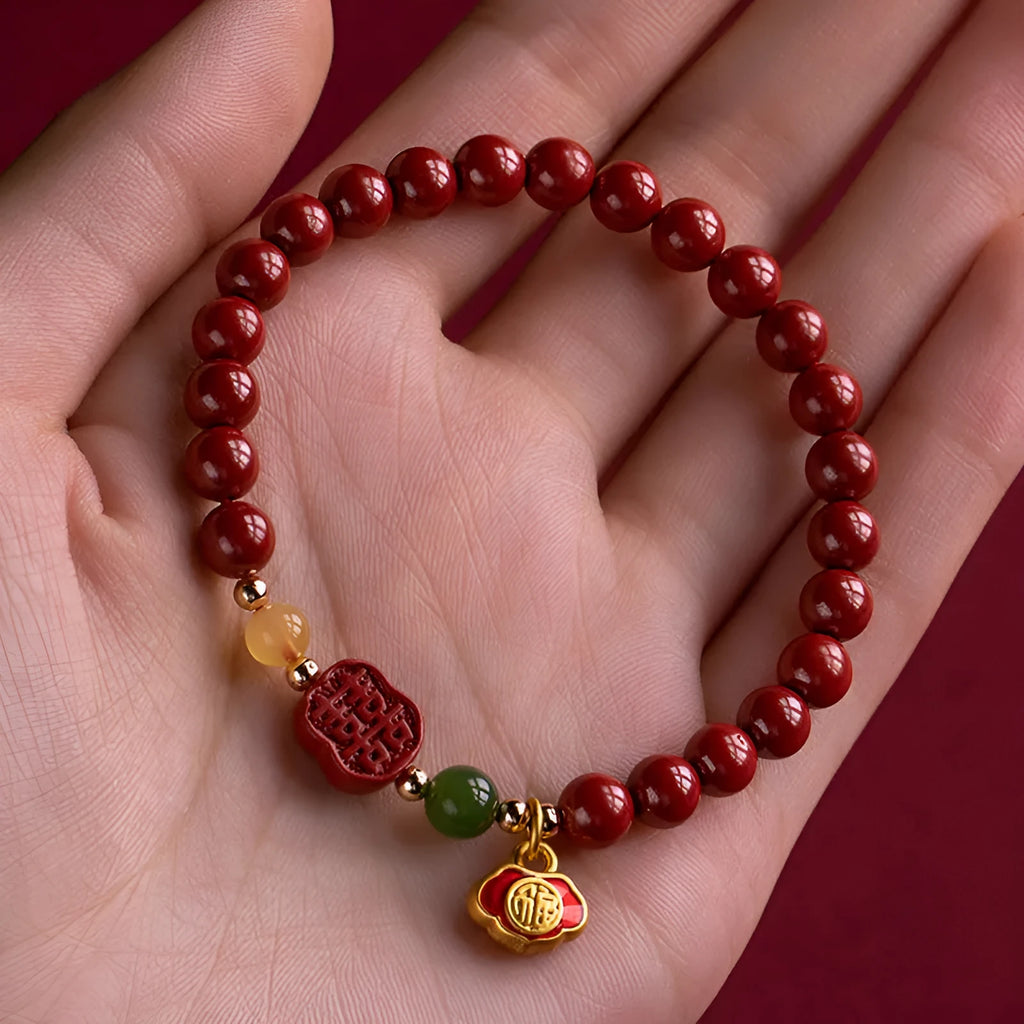 Happy Eyebrow Bracelet with Emperor Sandstone beads and fu character in New Chinese style.