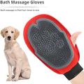 Red pet bathing glove with integrated cleaning brush bristles for dog and cat grooming