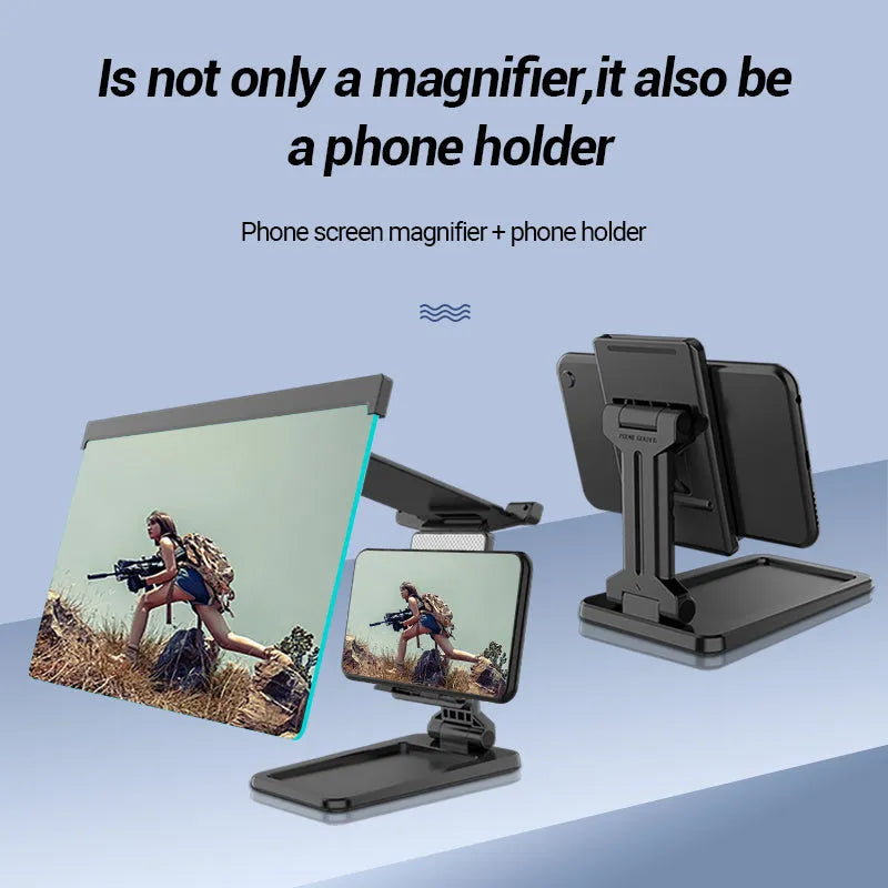 Black folding mobile phone screen amplifier with detachable holder on desktop