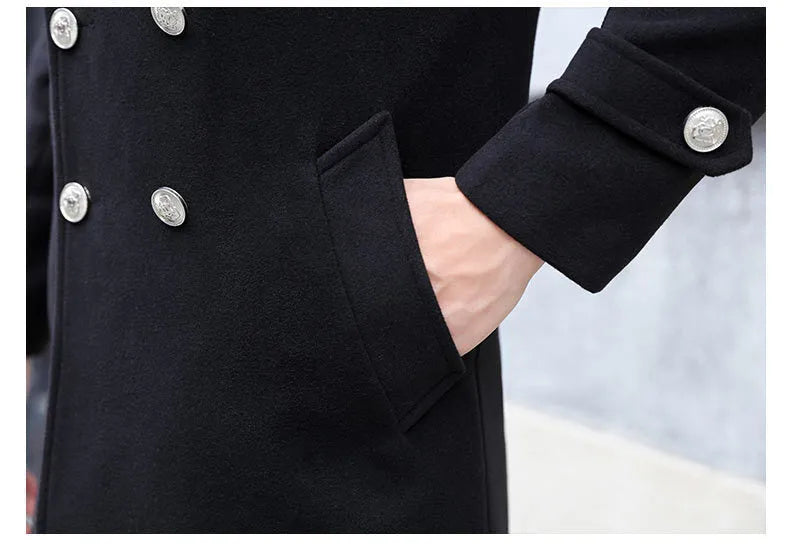 Men's black slim-fit medium-length polyester blend wool coat with pleated patch pockets
