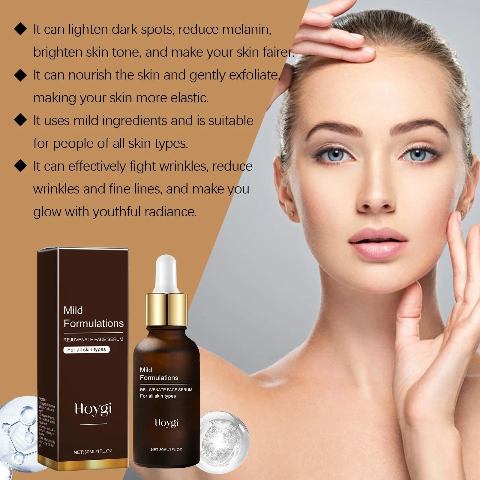 30ml facial essence bottle with clear liquid containing arbutin, collagen, vitamin C and hyaluronic acid