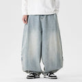 Men's plus size baggy jeans in light blue, dark blue, and black with wide leg straight cut design