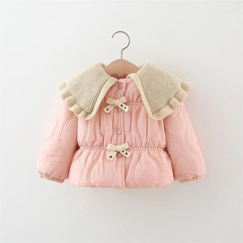 Girls winter thick cotton-padded coat with single-breasted front, Korean style, in pink and brown, suitable for heights 80-120cm