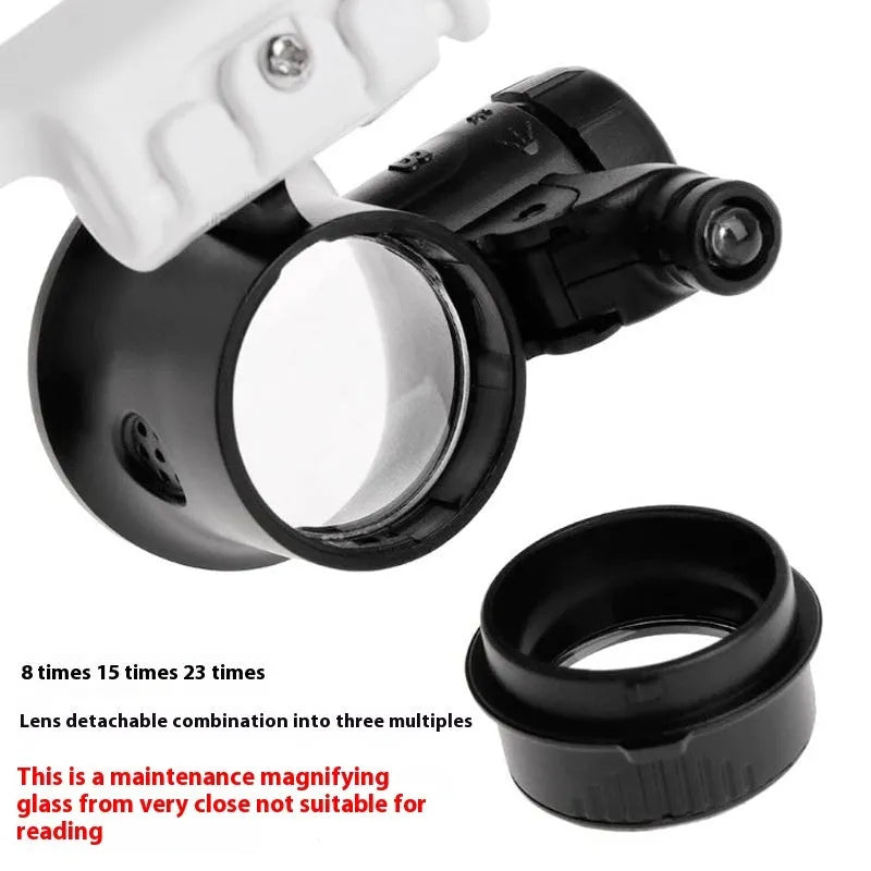 White head mounted magnifying glass with 30 optical glass lenses, folded ABS plastic frame, and LED light for close-up work