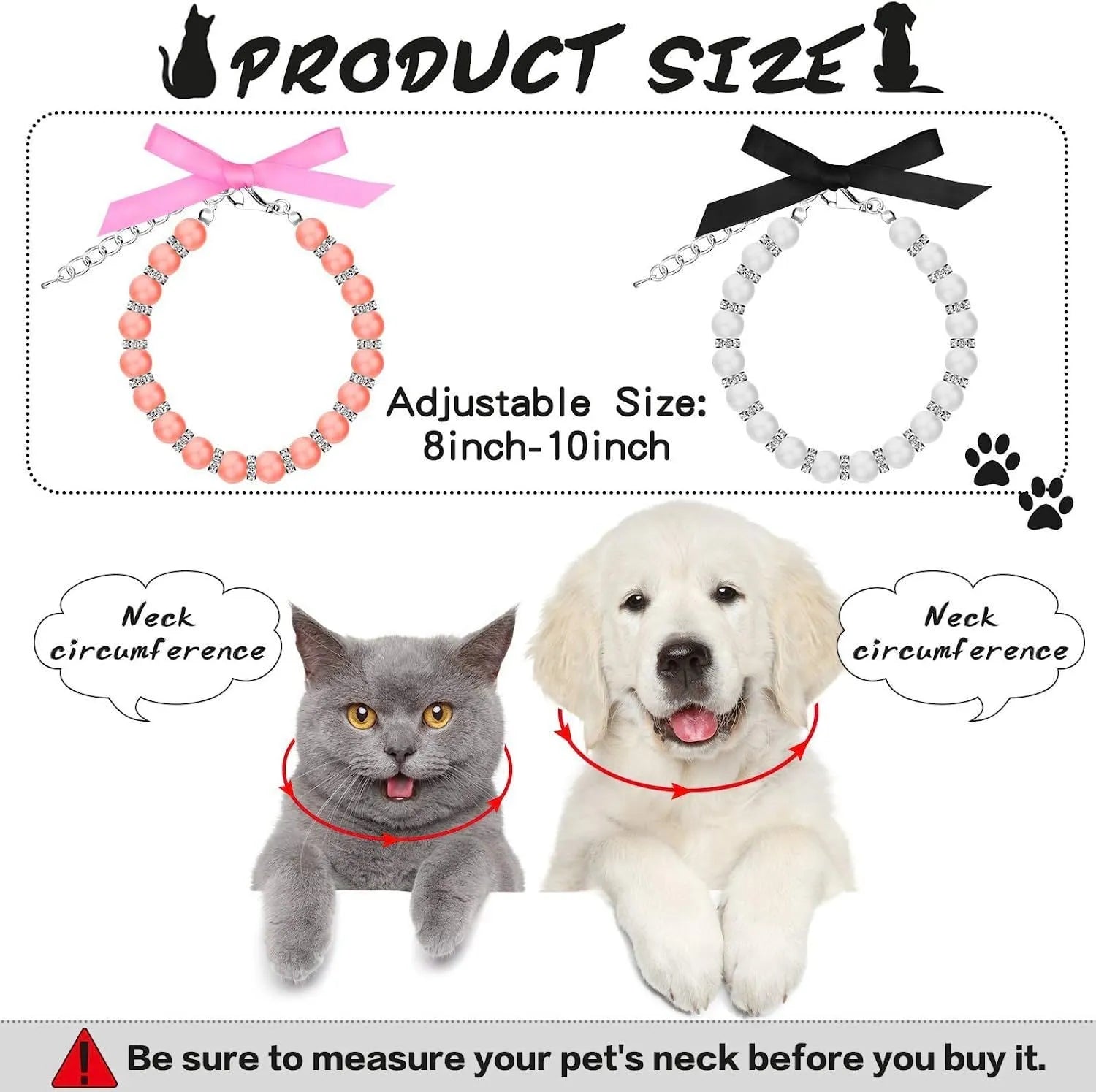 Adjustable pearl and rhinestone necklace with ribbon bow for small dogs and cats