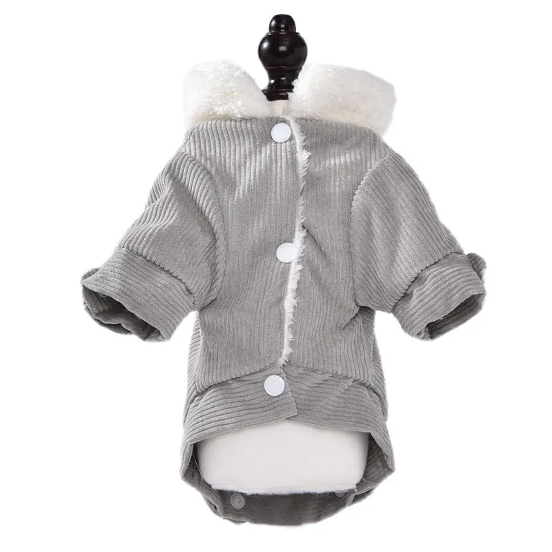 Grey lambswool fleece-lined dog vest for winter wear on a canine model