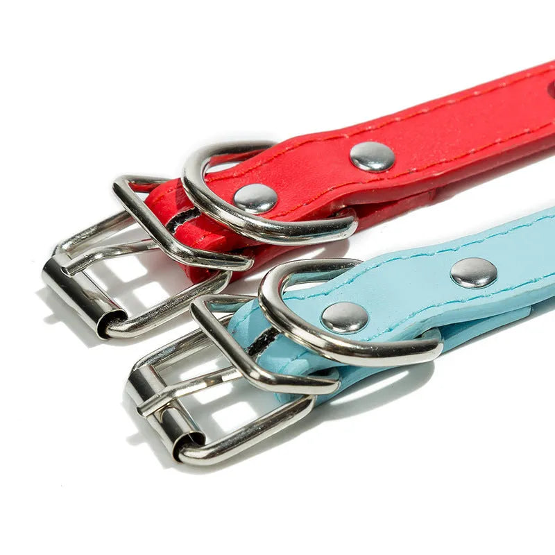 Studded dog collar in six colours with metal alloy fastener and thickened PU leather construction