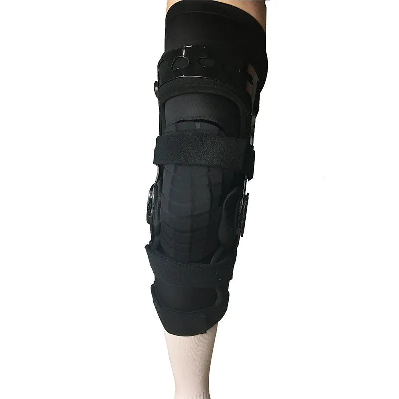 Black knee support brace with visible side splints, shown in left and right leg variants.
