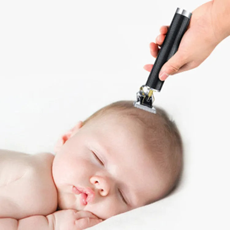 Black rechargeable electric hair clipper with gold steel blades, four plastic combs, and a cleaning brush on a white background.